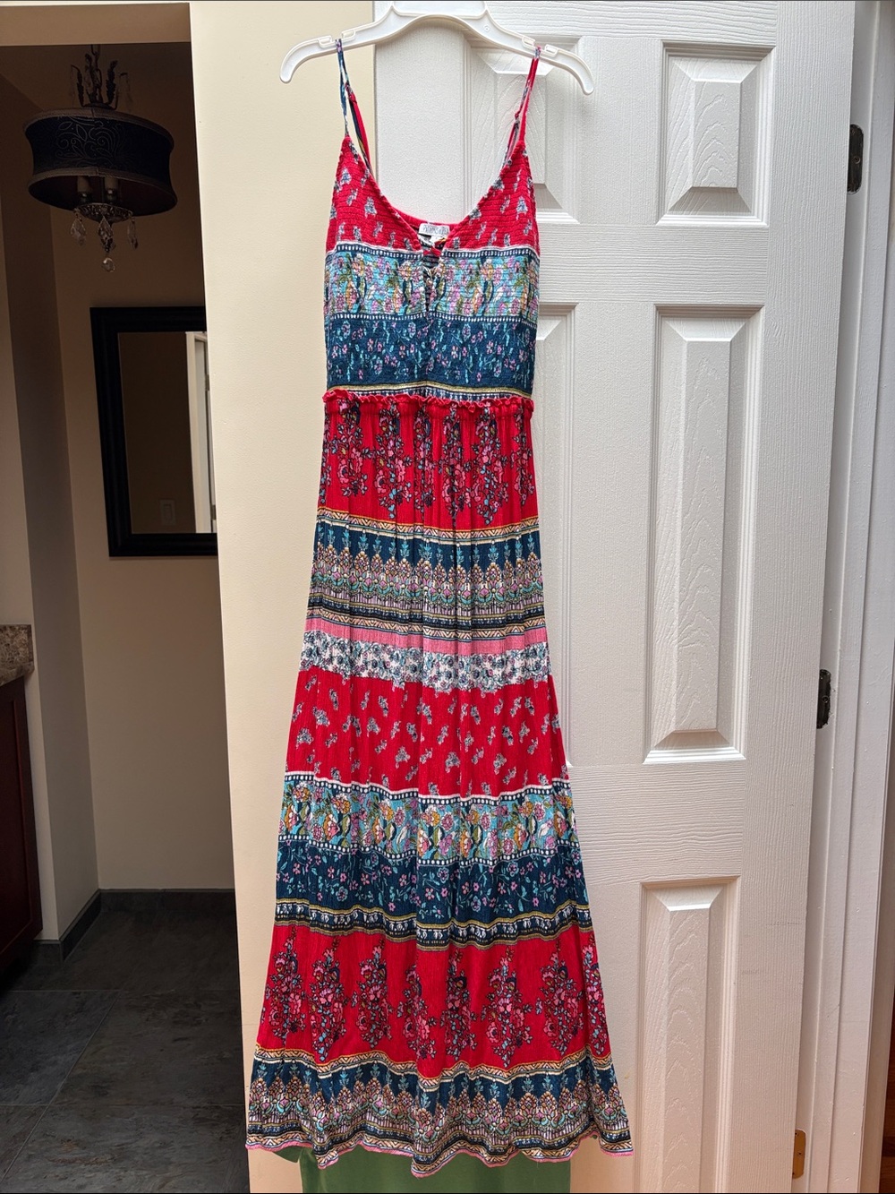 Patrons of Peace maxi dress Red Tiered Boho Maxi Dress with Blue Accents small